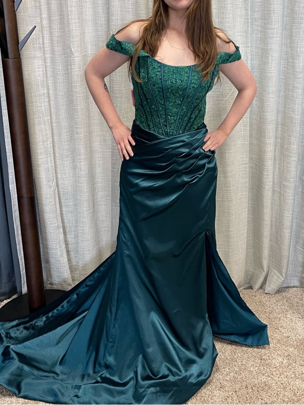 Off-Shoulder Emerald Green Satin Evening Gown